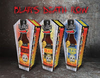 Blair's Ultra Death Sauce, Blair's Mega Death Sauce and Blair's Sudden Death Sauce. Death Row. 3 Blair's super-hot sauces. Available in Australia at BLONDE CHILLI.