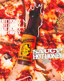 Jibba's Hot Honey bottle on a pizza background with text overlay