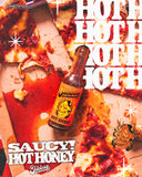 Jibba's Hot Honey bottle on a pizza box with half eaten pizza slices drizzled in honey background with text overlay