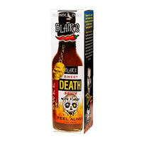 Blair's Sweet Death sauce bottle with packaging on a white background