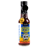 Blair's Sudden Death Sauce with dangling skull keyring attached to the neck on a white background.