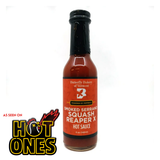 A 148ml bottle of Butterfly Bakery of Vermont Smoked Serrano Squash Reaper Pepper X Hot Sauce on a white background with As Seen On Hot Ones logo in bottom left corner.