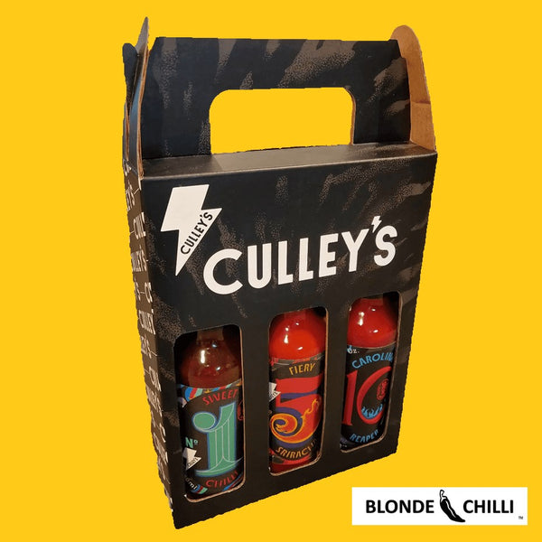 Culley's Grab N Go Pack. Three pack of Culley's iconic hot sauces, presented in a customised Culley's gift pack / carry holder.   Available in any 3 flavours of your choosing! Buy hot sauces in Australia only at Blonde Chilli Australia.