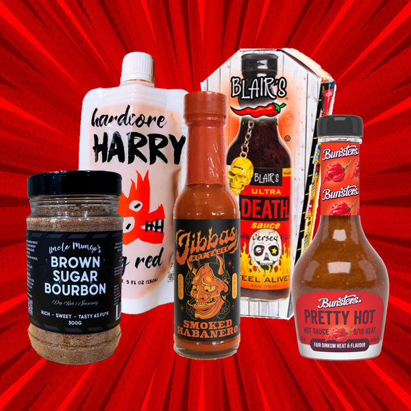 Collection of 5 hot sauces on a red background
