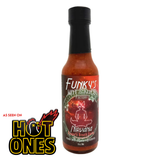 A 148ml bottle of Funky's Hot Sauce 'Nirvana' on a white background, with 'Hot Ones' logo in bottom left corner.