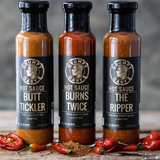 Three of Grumpy Gary's superhot sauces - Butt Tickler; The Ripper; Burns Twice.