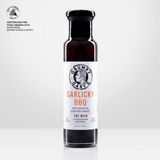 A 245ml bottle of Grumpy Gary's Garlicky BBQ sauce on a white background