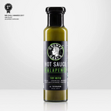 A 245ml bottle of Grumpy Gary's Jalapeno hot sauce on a white background.