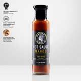 A 245ml bottle of Grumpy Gary's Mango Hot Sauce with awards on a white background