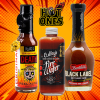 Hot Ones 3 Pack #7- Culley's Firewater + Blair's Original Death Sauce + Bunsters Black Label Hot Sauce. Available exclusively in Australia at BLONDE CHILLI.