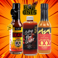 Hot Ones 3 Pack #5 - Firewater + Blair's Original Death Sauce + The Last Dab XXX. Available exclusively in Australia at BLONDE CHILLI.