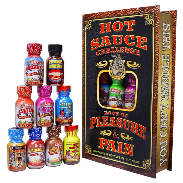 Ass Kickin' Hot Sauce Challenge Book of Pleasure & Pain with 12 mini hot sauce bottles