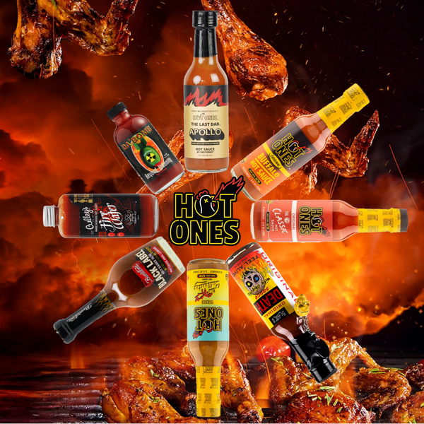 8 different bottles of sauces as seen on hit YouTube show Hot Ones. Arranged in a circle on a fiery background of chicken wings.