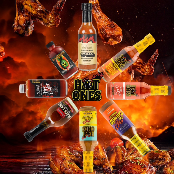 8 different bottles of sauces as seen on hit YouTube show Hot Ones. Arranged in a circle on a fiery background of chicken wings.
