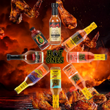 Hot sauce bottles with 'Hot Ones' branding on a fiery background with grilled chicken.