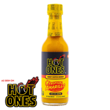 A 148ml bottle of Hot Ones Tropical Amarillo hot sauce on a white background