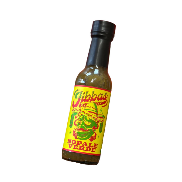 Bottle of Jibba's Nopale Verde hot sauce with white background