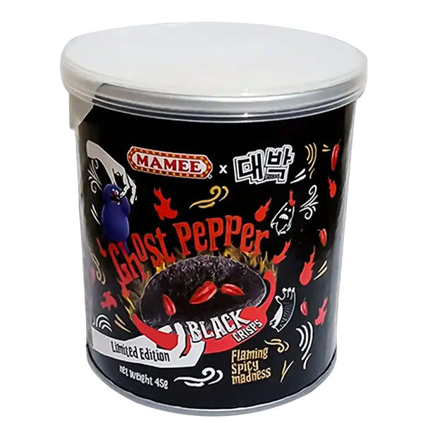 MAMEE black crisps are devilishly hot ghost pepper chips in a can ...