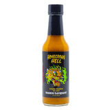 A 150ml bottle of Sauce Leopard Homegrown Hell Sichuan Tangerine Hot Sauce on a white background.