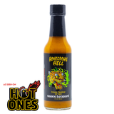 A 150ml bottle of Sauce Leopard Homegrown Hell Sichuan Tangerine Hot Sauce on a white background, with a As seen on Hot Ones logo in the bottom left corner.