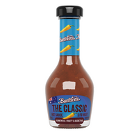Bottle of Bunsters The Classic hot sauce with blue label and black cap on white background