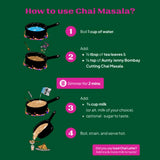 An instructional graphic titled 'How to use Chai Masala' on a dark green background, showing four numbered steps with small illustrations of pans, tea leaves, milk, and pouring chai masala. Text lists ingredients and instructions such as boiling water, adding tea leaves and cutting chai masala, simmering for 2 minutes, and adding milk or optional sugar.