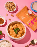 30g sachet of Aunty Jenny Butter Chicken Blend in a table beside a bowl of cooked butter chicken. Available to buy online in Australia at Blonde Chilli.