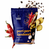 A 30g sachet of Aunty Jenny Peri Peri Tandoori Blend surrounded by chillies and ginger. Available to buy online in Australia at Blonde Chilli.