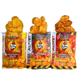 Three open bags of Blairs 'Feel Alive!' cauldron cooked kettle style chips arranged side by side on a white background, each with a different flavor: Hot Honey Sauce, Habanero, and Scorpion Espresso. Available to buy in Australia at Blonde Chilli.