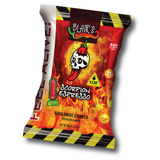 A single bag of Blair's Scorpion Espresso Cauldron Cooked Potato Chips, featuring a fiery red and orange design with a skull and chili pepper logo, on a white background.