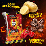 A 50g bag of Blair's Scorpion Espresso Cauldron Cooked potato Chips is shown on a fiery black background with potatoes, coffee beans, red chilies, and bold marketing text reading 'Bold Seasoning,' 'Crunchy Texture,' and 'Addictive Flavor.'. Buy online in Australia at Blonde Chilli.