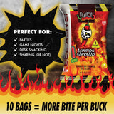 A 50g bag of Blair's Scorpion Espresso cauldron cooked potato chips is shown on a fiery promotional graphic. The chip bag is alongside text listing use cases like parties, game nights, and desk snacking.