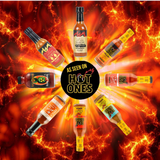Various Hot Ones hot sauce bottles arranged in a circular pattern with a fiery background, featuring the 'Hot Ones' logo - buy online Australia | Blonde Chilli