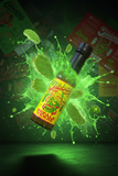 Bottle of Tabasco sauce with a green splash effect on a dark background