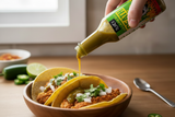 Blair's Jalapeno Death Sauce being drizzled over a couple of tacos in a bowl.