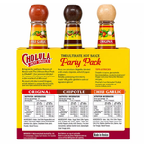Rear view of Cholula Hot Sauce Party Pack variety 3 pack containing 3 x 150 mL bottles: Original, Chipotle, and Chili Garlic. Buy online in Australia at Blonde Chilli.