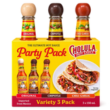 Cholula Hot Sauce Party Pack variety 3 pack containing 3 x 150 mL bottles. The yellow cardboard box features the Cholula brand logo and images of the three sauces: Original, Chipotle, and Chili Garlic, along with a photo of tacos. Buy online in Australia at Blonde Chilli.