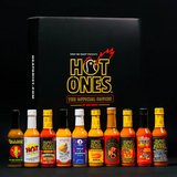 Hot Ones Season 30 gift box with 10 sauces lined up in front of it. Buy Hot Ones in Australia at Blonde Chilli.