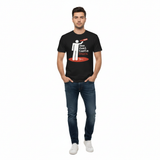 Man modeling Blair's SEE FEEL TASTE BURN t-shirt on white background