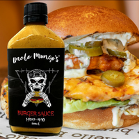 Bottle of Uncle Mungo's Burger Sauce with a burger in the background