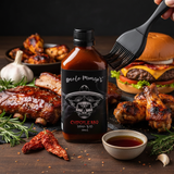 Uncle Mungo's Chipotle BBQ sauce stands amongst glazed ribs, wings and a burger.