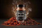 Uncle Mungo's Chipotle & Espresso Dry Rub surrounded by smoking chipotle chillies and smoking coffee beans.
