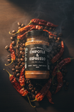 Uncle Mungo's Chipotle & Espresso Dry Rub laying on a table surrounded by smoking chipotle chillies and smoking coffee beans.