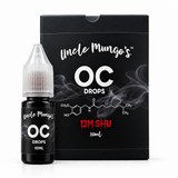 A 10ml bottle of Uncle Mungo's OC Drops next to its black packaging box. Buy online at Blonde Chilli.