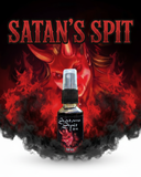 Bottle of 'Satan's Spit' spray with a fiery satan background