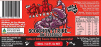 LABEL: The Chilli Factory Scorpion Strike On Steroids Hottest BBQ Sauce Made In The World. Australian Hot Sauce sold by Blonde Chilli Australia.