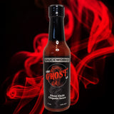 Sauceworks CHI-GHOST-LE Ghost Chilli Chipotle Sauce is a new product now available to buy at BLONDE CHILLI in Australia. Image shows bottle on a red smoke background.