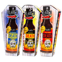 Blair's Ultra Death Sauce, Blair's Mega Death Sauce and Blair's Sudden Death Sauce. Death Row. 3 Blair's super-hot sauces. Available in Australia at BLONDE CHILLI.