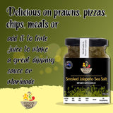 Smoked Jalapeno Sea Salt infused with Garlic - delicious on prawns, pizzas, chips, meats or add it to lime juice to make a great dipping sauce or marinade.