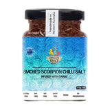 Ceylon Spice Heaven's Smoked Scorpion Chilli Salt infused with Garlic. Gluten Free. Nut Free. Soy Free. Dairy Free. Vegan. No Preservatives. Made in Australia. 110g Jar.
